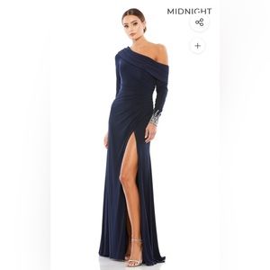 Beaded Cuff, Drop Shoulder Faux Wrap Mac Duggal Gown, 12231, midnight, Size 12
